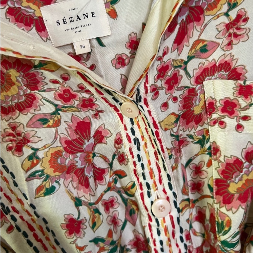 Sezane Ana Dress Fiori Rossi Floral Embroidered Shirt Dress Belted Cream Size 36 - Picture 4 of 10